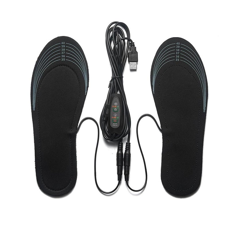 Cuttable USB heated insoles for warm feet, rechargeable foot warmers (power supply not included).